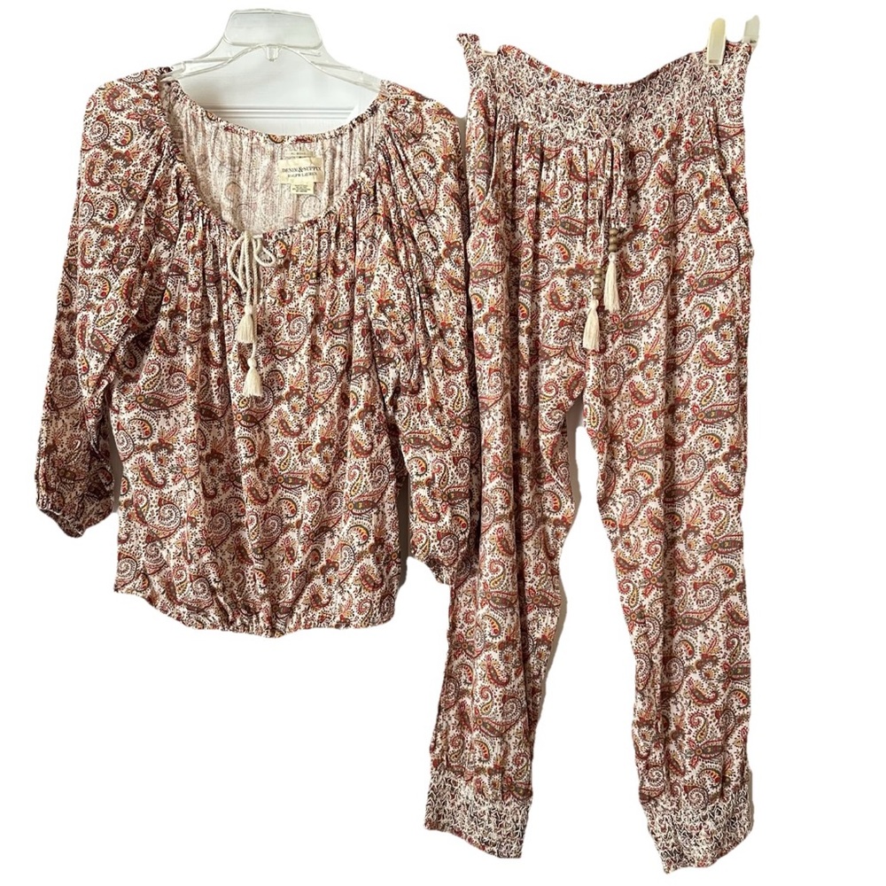 2 Piece Coord Denim & Supply Ralph Lauren Boho Red Paisley Top and Pants Small